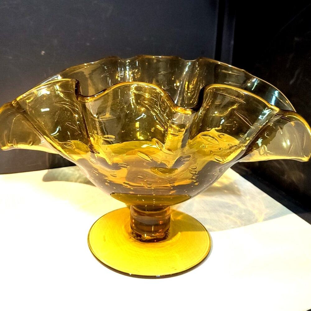 1052. Hand Blown Art Glass Amber Candy Dish Compote